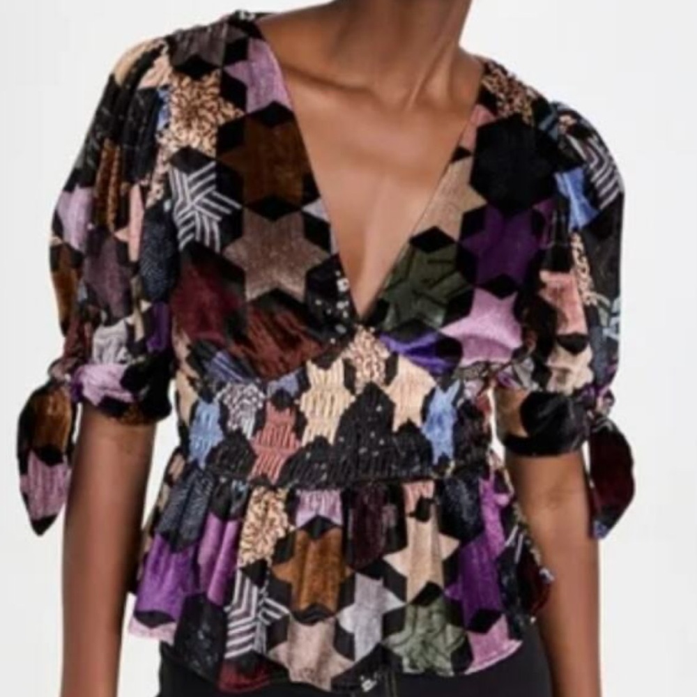 Sea New York Estella Velvet Smocked V Neck Blouse Stars Purple Dark Small